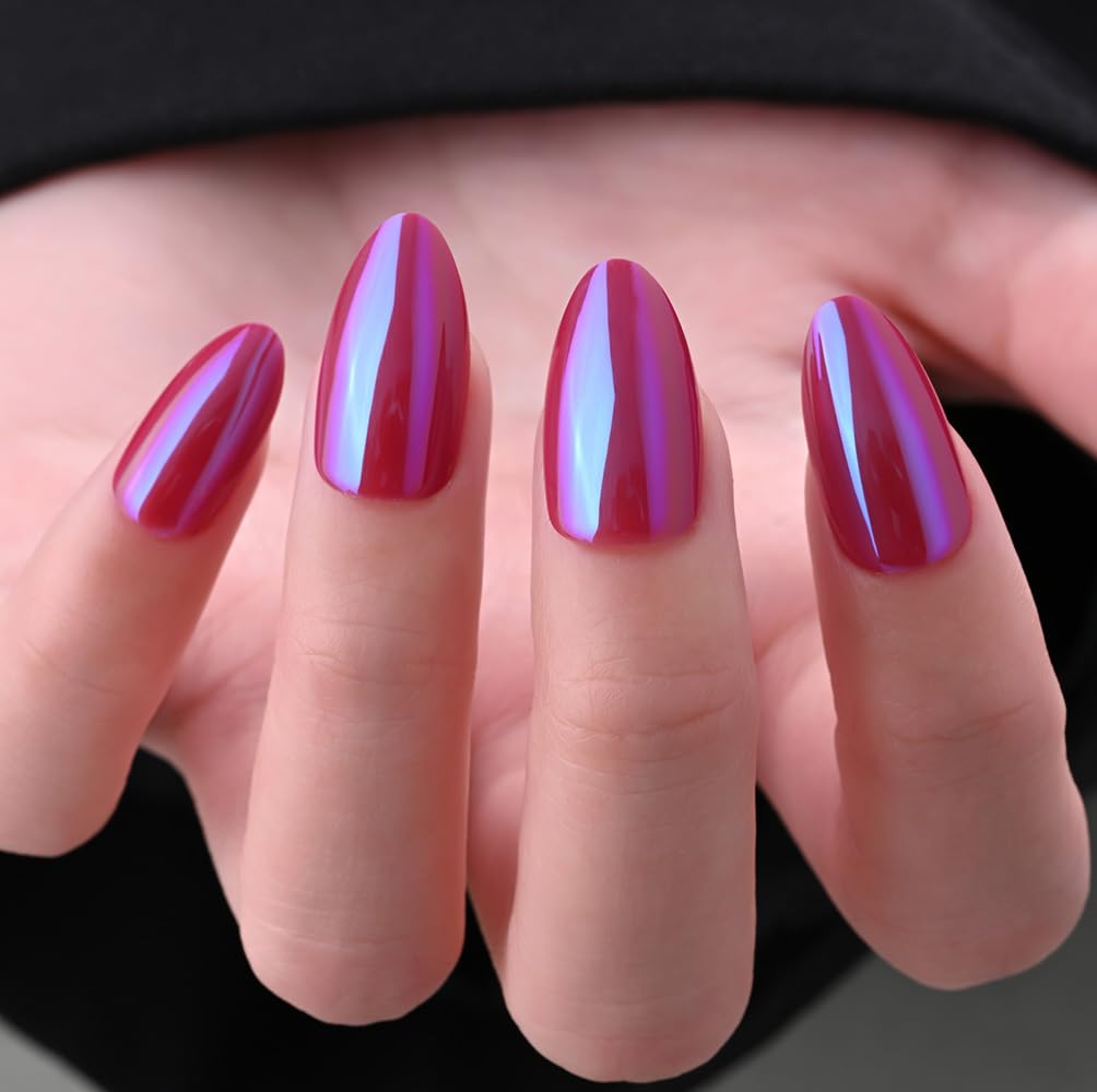 Cat Eye Press on Nails Short Almond - Dark Purple Chameleon Shimmer Glossy Press on Nails for Gift, Soft Gel Press Glue On Nail with Nail Glue, Supremely Fit Full Cover Reusable Acrylic Fake Nails Kit
