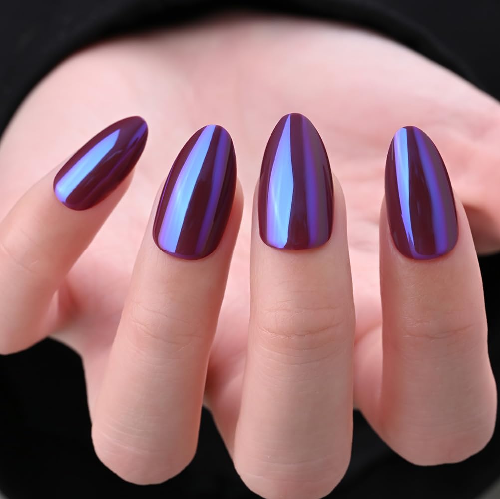 Cat Eye Press on Nails Short Almond - Dark Purple Chameleon Shimmer Glossy Press on Nails for Gift, Soft Gel Press Glue On Nail with Nail Glue, Supremely Fit Full Cover Reusable Acrylic Fake Nails Kit