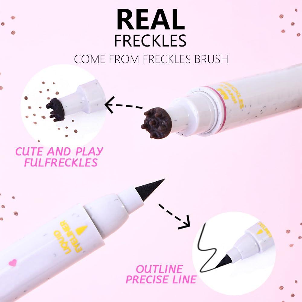 2in1 Freckle Stamp Eyeliners Makeup, Women Face and Eye Cosmetics, Quick Dry Long-Lasting Waterproof Light Brown Freckles Stamp & Black Eyeliners Pen, Effortless Daily Natural Sunkissed Make Up