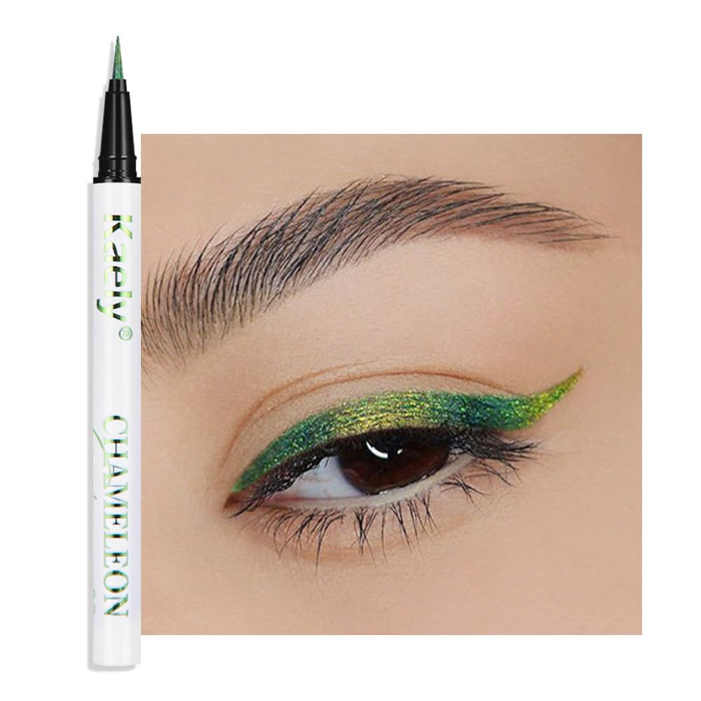 Kaely Chameleon Liquid Eyeliner, Glitter Metallic Chrome Eyeliner Liquid, Multichrome Eye Liner Waterproof Smudge Proof, High-Pigmented Makeup Looks, Quick-Drying, Cruelty-free, 02 Green
