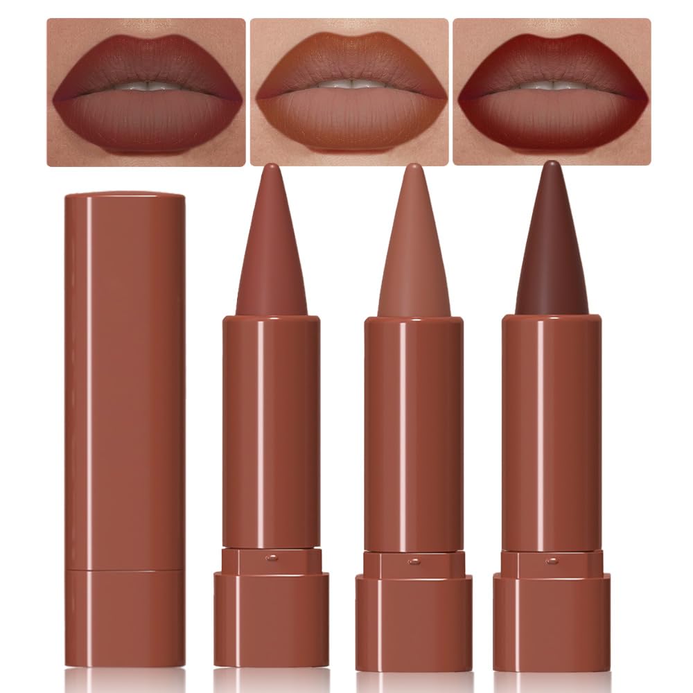 2-in-1 Warm Brown Gradient Matte Lipstick Crayon Lip Liner pencil,Flawless Contour Gradual Ombre Effect lip Pencil for Women Long Lasting Waterproof Smudge Proof Lipstick Pencil,(01#Warm Brown,1Count)