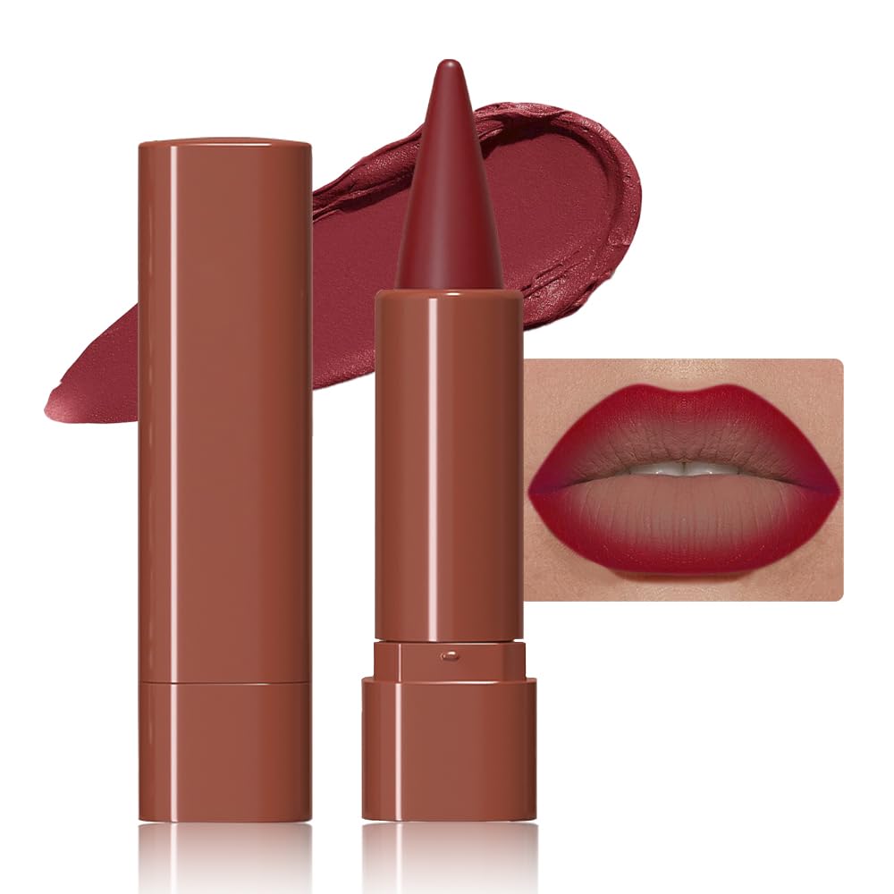 2-in-1 Warm Brown Gradient Matte Lipstick Crayon Lip Liner pencil,Flawless Contour Gradual Ombre Effect lip Pencil for Women Long Lasting Waterproof Smudge Proof Lipstick Pencil,(01#Warm Brown,1Count)