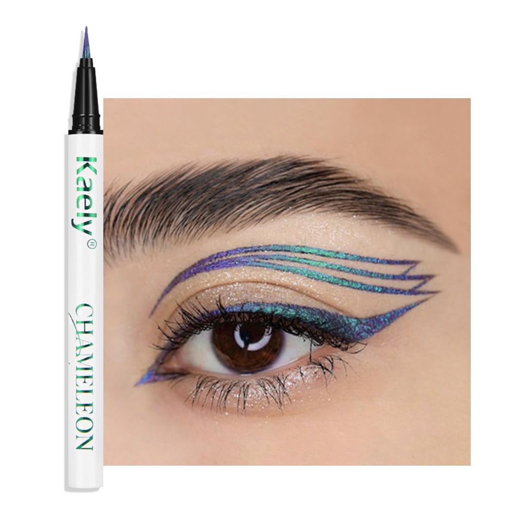 Kaely Chameleon Liquid Eyeliner, Glitter Metallic Chrome Eyeliner Liquid, Multichrome Eye Liner Waterproof Smudge Proof, High-Pigmented Makeup Looks, Quick-Drying, Cruelty-free, 02 Green