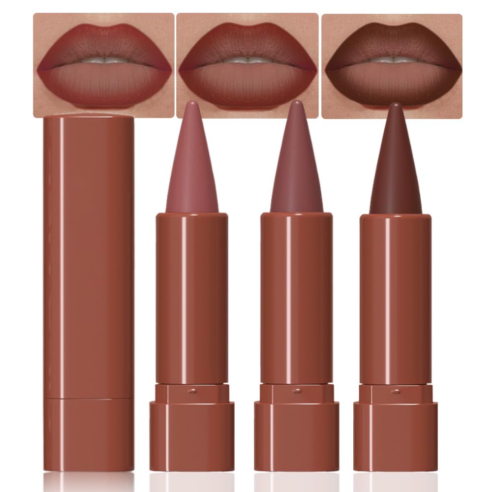 2-in-1 Warm Brown Gradient Matte Lipstick Crayon Lip Liner pencil,Flawless Contour Gradual Ombre Effect lip Pencil for Women Long Lasting Waterproof Smudge Proof Lipstick Pencil,(01#Warm Brown,1Count)