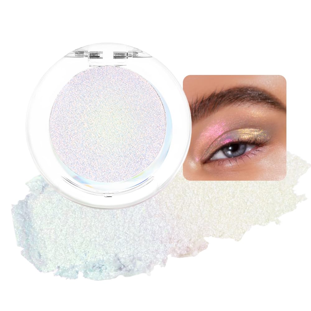 evpct Pearl White Glitter Holographic Iridescent Sparkly Eyeshadow Palette Makeup, White Pink Shimmer Glitter Loose Powder Single Eyeshadow Palette, Chameleon Multichrome Eye shadow Makeup Highlighter