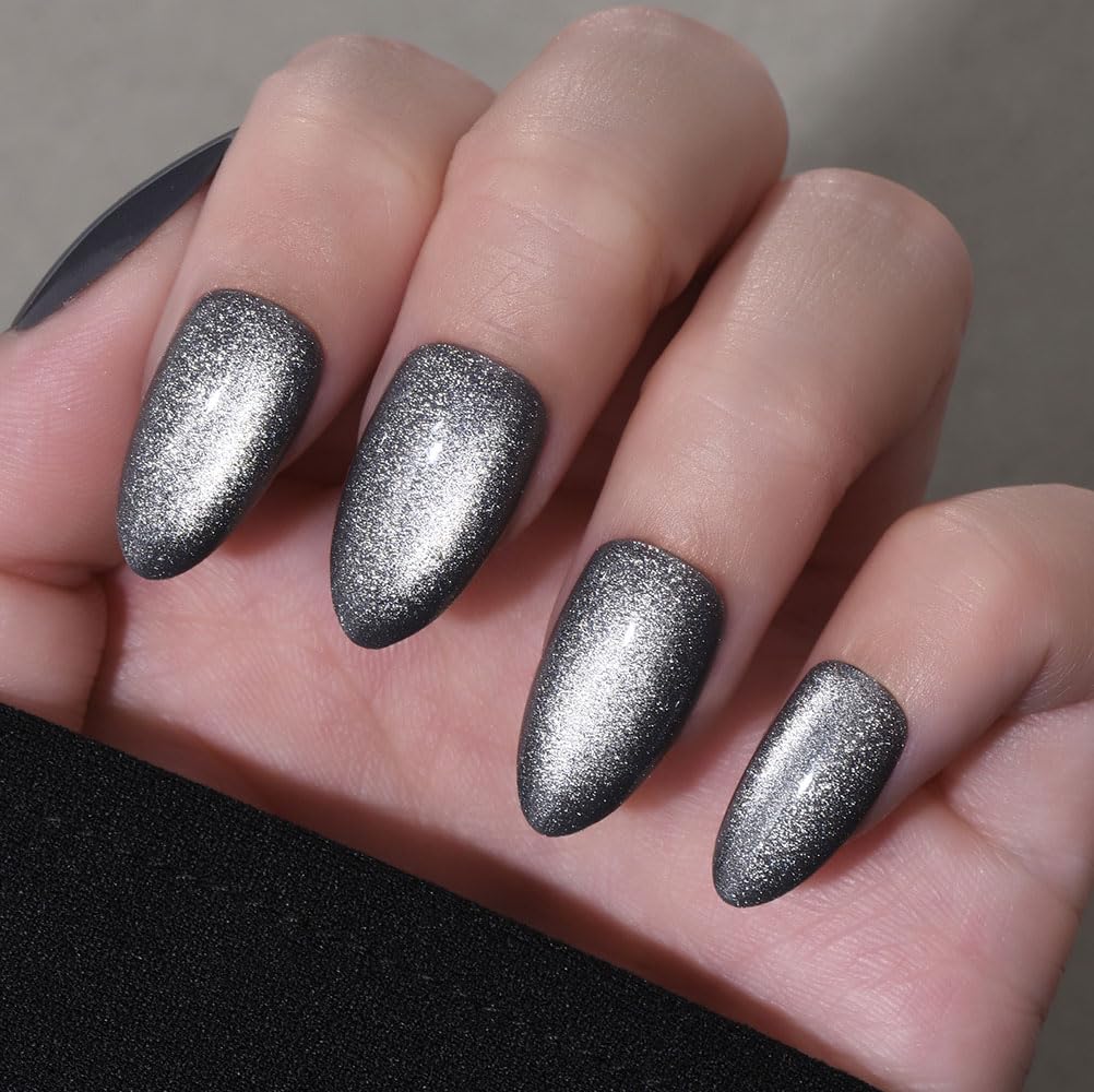 Cat Eye Press on Nails Short Almond - Dark Purple Chameleon Shimmer Glossy Press on Nails for Gift, Soft Gel Press Glue On Nail with Nail Glue, Supremely Fit Full Cover Reusable Acrylic Fake Nails Kit