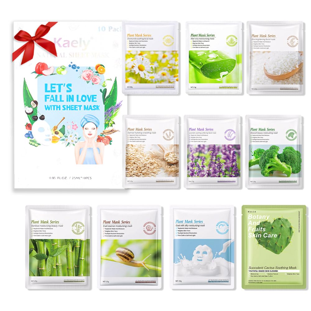 Kaely 10 Pack Variety Sheet Masks,Spa Party Face Masks for Kids Skin Care,Facial Mask Skincare Set Korean,Moisturize,Brighten,Nourish for All Skin Types,Birthday Gifts for Women Men Girls,Set01