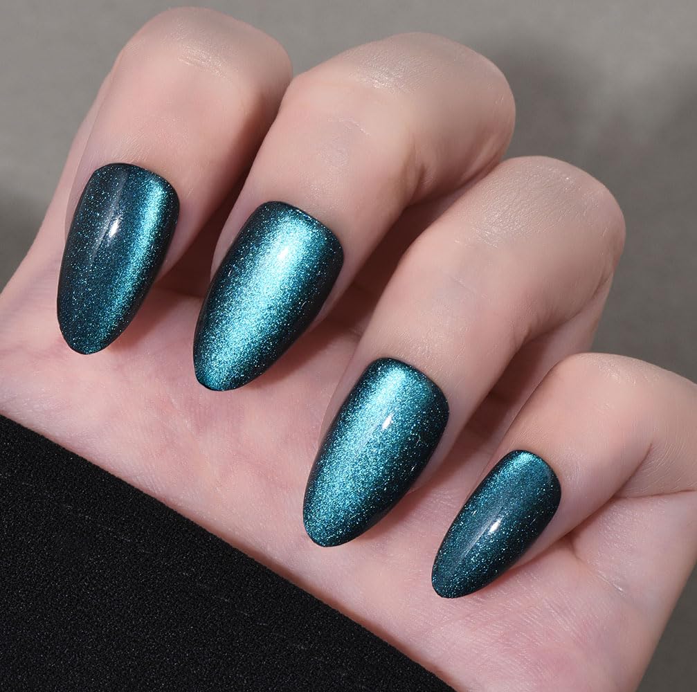 Cat Eye Press on Nails Short Almond - Dark Purple Chameleon Shimmer Glossy Press on Nails for Gift, Soft Gel Press Glue On Nail with Nail Glue, Supremely Fit Full Cover Reusable Acrylic Fake Nails Kit