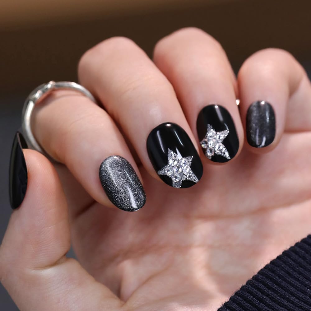 Cat Eye Press on Nails Short Almond - Dark Purple Chameleon Shimmer Glossy Press on Nails for Gift, Soft Gel Press Glue On Nail with Nail Glue, Supremely Fit Full Cover Reusable Acrylic Fake Nails Kit