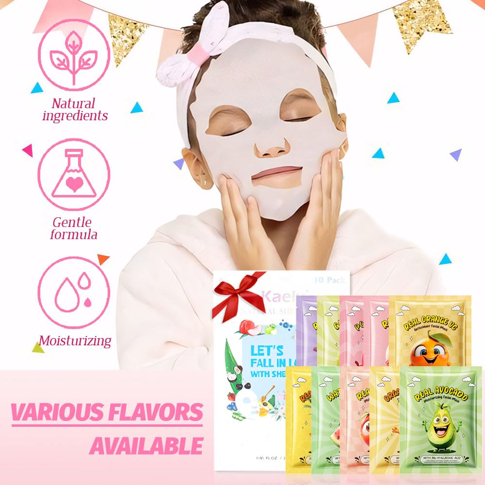 Kaely 10 Pack Fruit Face Masks for Kids, Spa Party Facial Mask Skincare Set, Sheet Masks Skin Care, Moisturize Brighten Soothe for All Skin Types, Christmas Birthday Gifts for Women Men Girls, 01