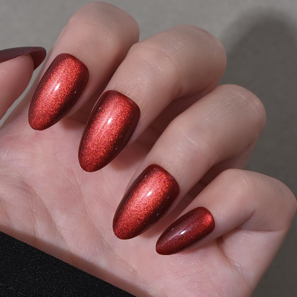 Cat Eye Press on Nails Short Almond - Dark Purple Chameleon Shimmer Glossy Press on Nails for Gift, Soft Gel Press Glue On Nail with Nail Glue, Supremely Fit Full Cover Reusable Acrylic Fake Nails Kit