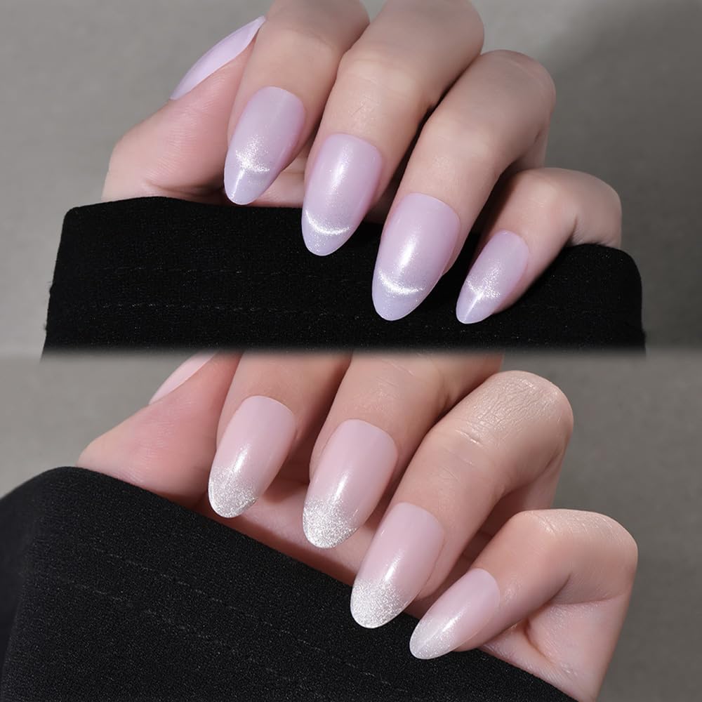 Cat Eye Press on Nails Short Almond - Dark Purple Chameleon Shimmer Glossy Press on Nails for Gift, Soft Gel Press Glue On Nail with Nail Glue, Supremely Fit Full Cover Reusable Acrylic Fake Nails Kit