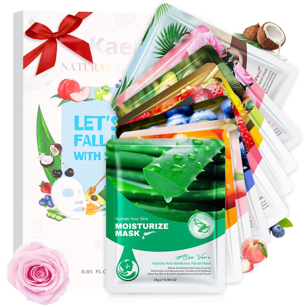 Kaely 10 Pack Variety Sheet Masks, Spa Party Face Masks for Kids Skincare Set, Facial Masks Beauty with Natural Ingredients, Moisturize Soothe for All Skin Types, Birthday Christmas Gifts, Set01