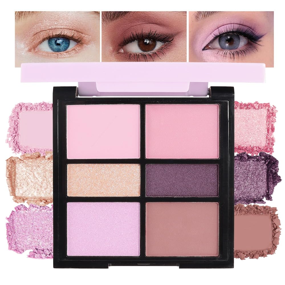 6 Colors Mini Naked Eyeshadow Makeup Palette, Neutral Nude Eye Shadow, Pink&Purple& Brown Matte Make Up Pallet with Mirror Highly Pigmented Long Lasting Waterproof Travel Size Gift Kit (Pink)