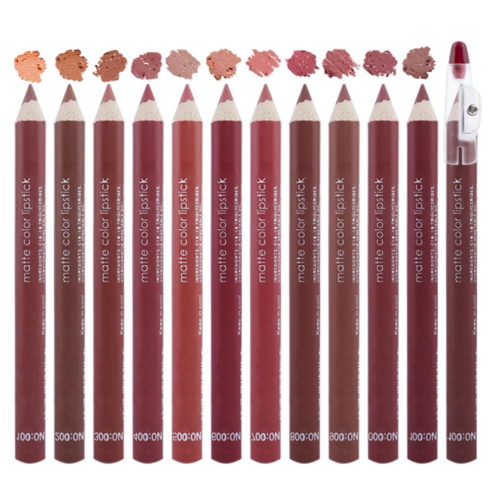 SUAKE 12 Pcs Colors Lip Liner Lipstick Pencils Set Pack for Shaping & Sculpting Lips,Natural Maroon Dark Red Nude Beige Chocolate Brown Plum Matte Pigmented Lipliners Crayon Lipstick