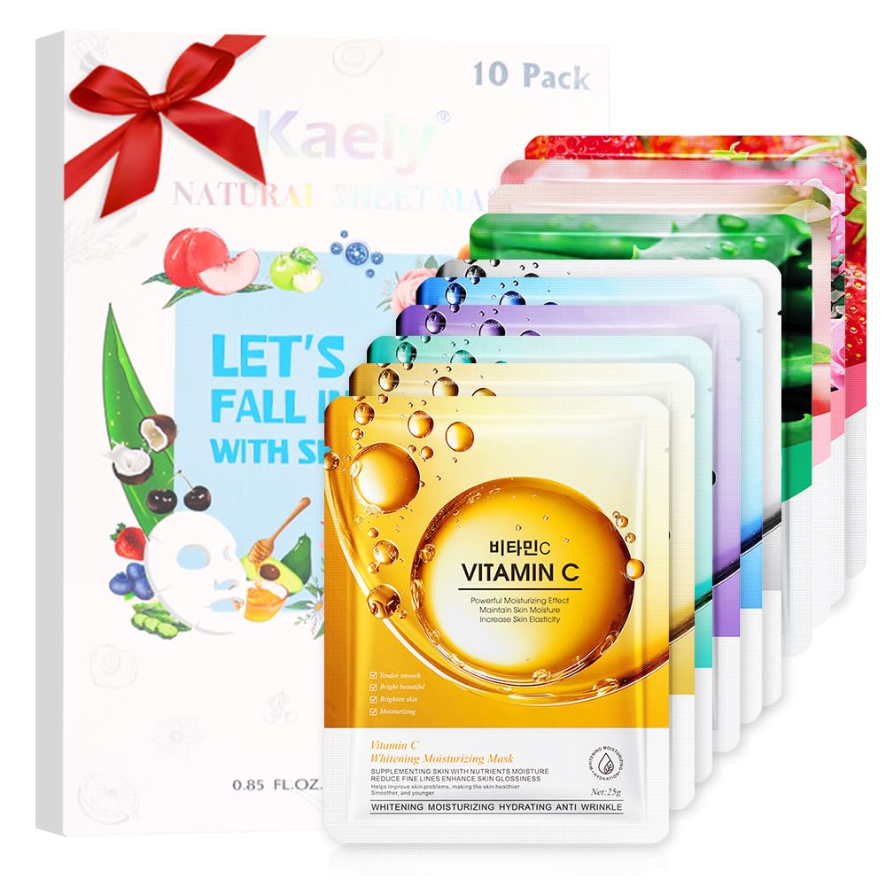 Kaely 10 Pack Variety Sheet Masks, Spa Party Face Masks for Kids Skincare Set, Facial Masks Beauty with Natural Ingredients, Moisturize Soothe for All Skin Types, Birthday Christmas Gifts, Set01