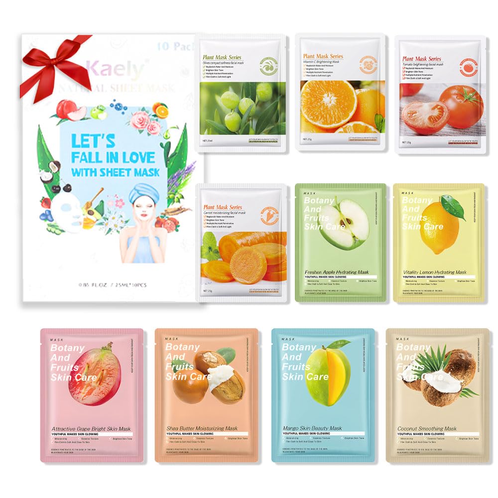 Kaely 10 Pack Variety Sheet Masks,Spa Party Face Masks for Kids Skin Care,Facial Mask Skincare Set Korean,Moisturize,Brighten,Nourish for All Skin Types,Birthday Gifts for Women Men Girls,Set01