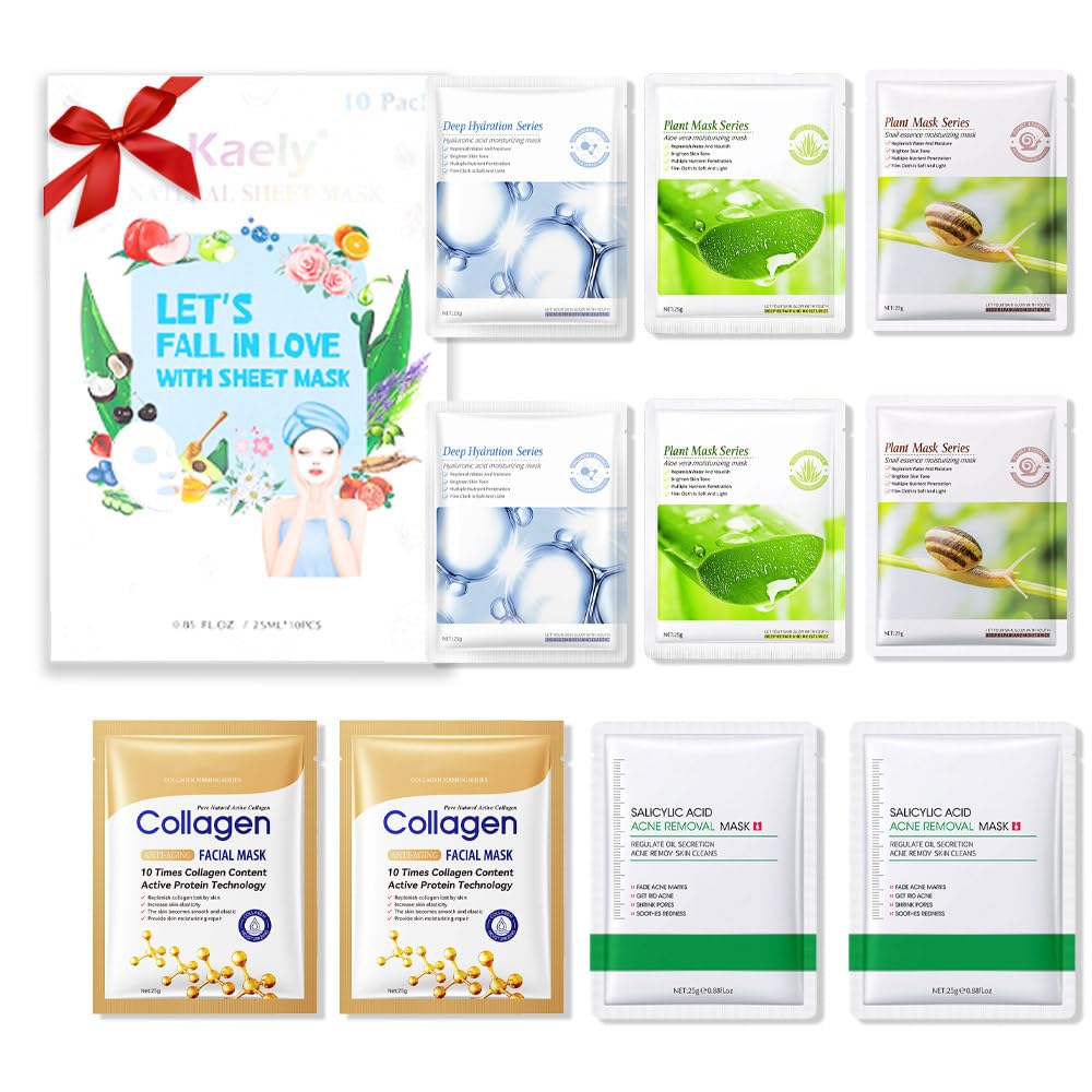 Kaely 10 Pack Variety Sheet Masks,Spa Party Face Masks for Kids Skin Care,Facial Mask Skincare Set Korean,Moisturize,Brighten,Nourish for All Skin Types,Birthday Gifts for Women Men Girls,Set01