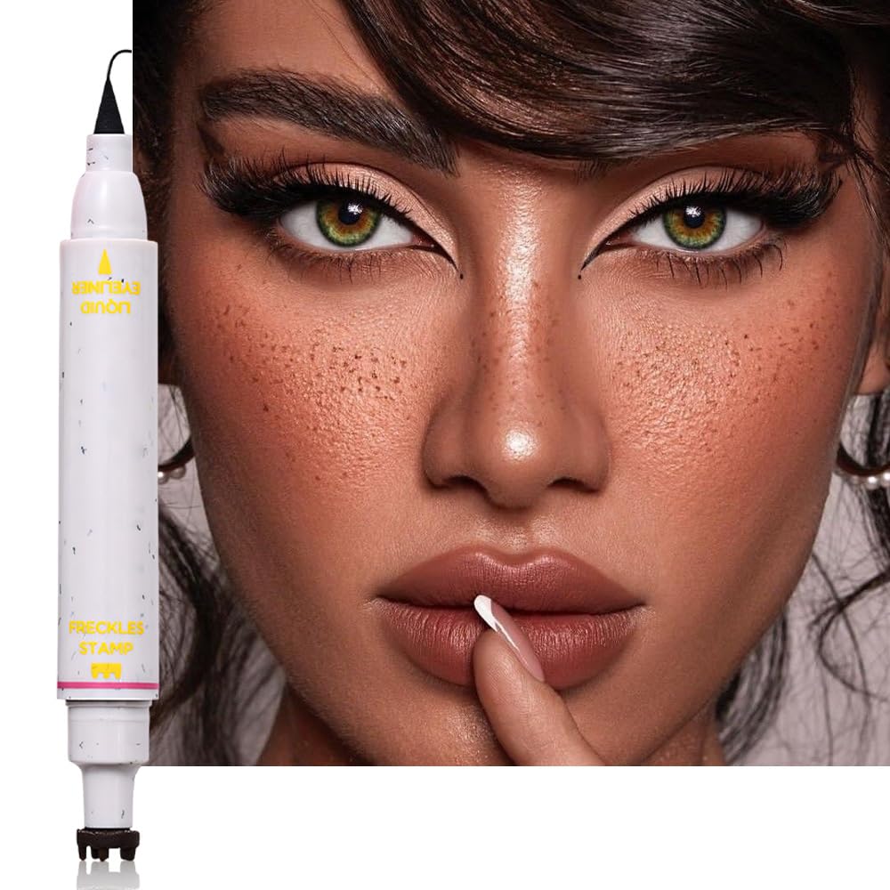 2in1 Freckle Stamp Eyeliners Makeup, Women Face and Eye Cosmetics, Quick Dry Long-Lasting Waterproof Light Brown Freckles Stamp & Black Eyeliners Pen, Effortless Daily Natural Sunkissed Make Up