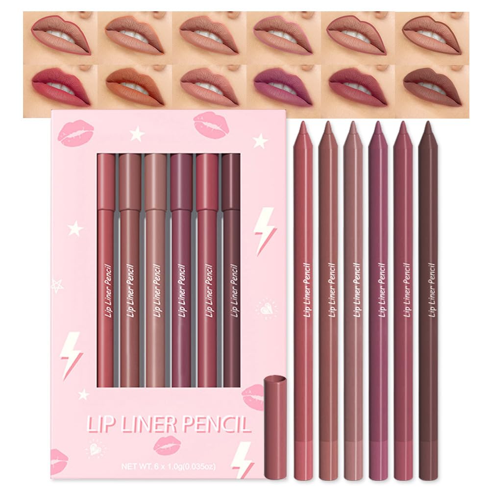 evpct 6Pcs Retractable Lip Liner Pencils Set Pack for Shaping & Sculpting Lips, Mauve Maroon Dark Red Orange Nude Chocolate Brown Plum Creamy Matte Velvet Pigmented Lip Liner lipliners Crayon Lipstick