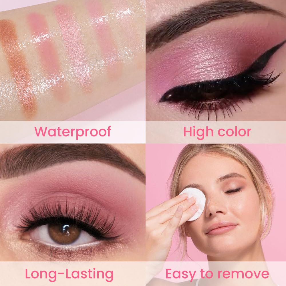 6 Colors Mini Naked Eyeshadow Makeup Palette, Neutral Nude Eye Shadow, Pink&Purple& Brown Matte Make Up Pallet with Mirror Highly Pigmented Long Lasting Waterproof Travel Size Gift Kit (Pink)