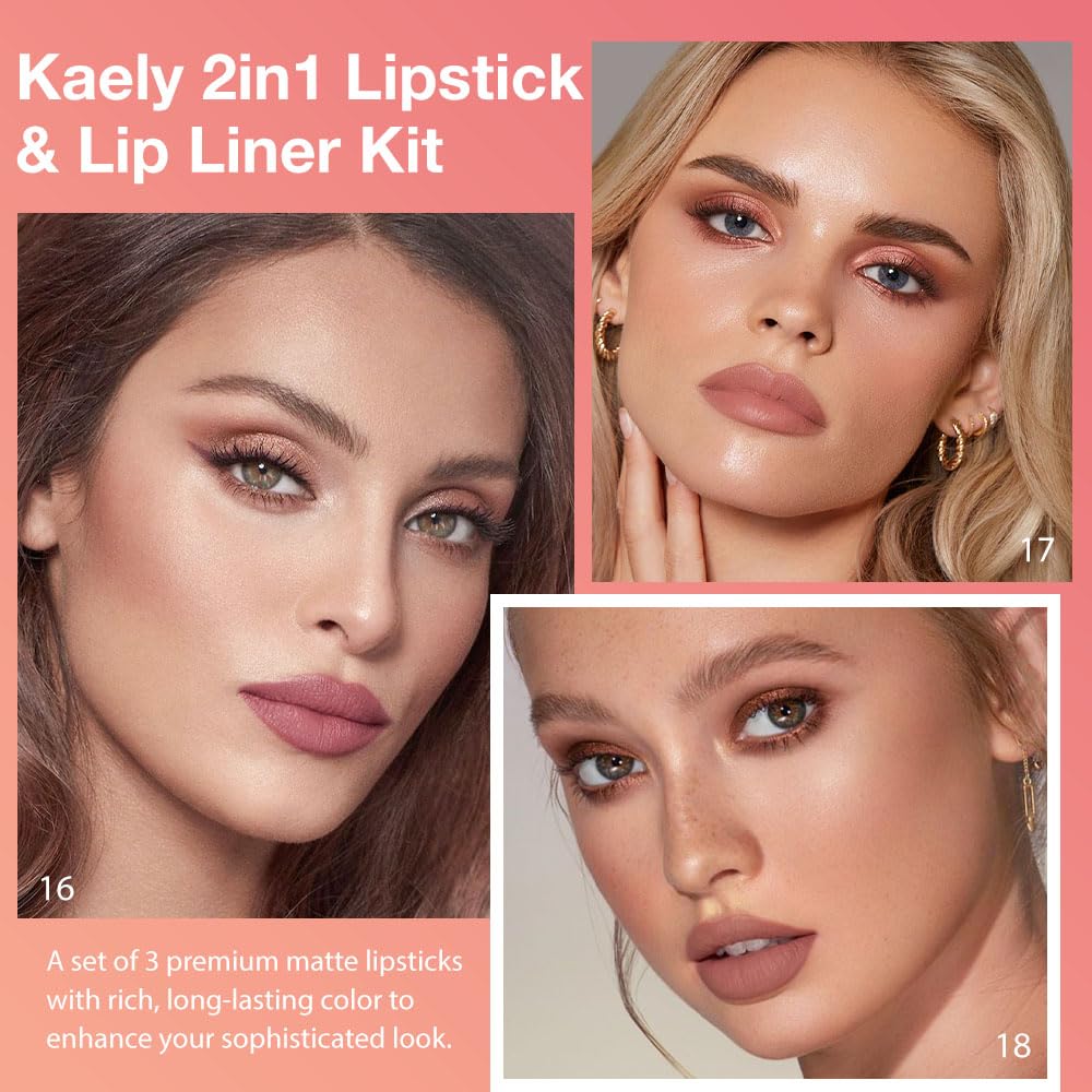 Kaely Dark Brown Gradient Matte Lip Liner Pencil & Lipstick Crayon Combo for Women, 2in1 Flawless Contour Gradual Ombre Effect Lip Pencil Makeup Waterproof, labiales mate 24 horas originales, 15
