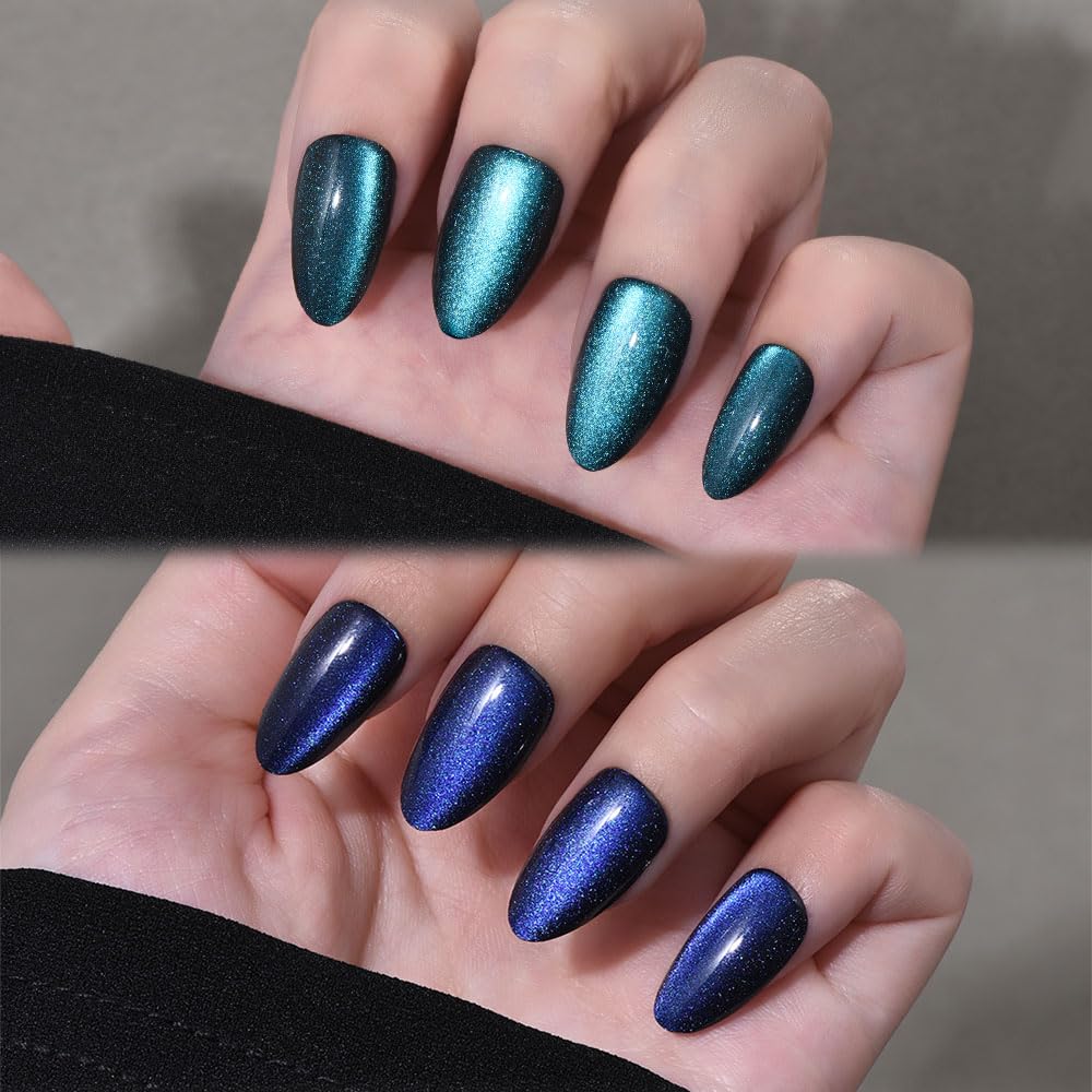 Cat Eye Press on Nails Short Almond - Dark Purple Chameleon Shimmer Glossy Press on Nails for Gift, Soft Gel Press Glue On Nail with Nail Glue, Supremely Fit Full Cover Reusable Acrylic Fake Nails Kit
