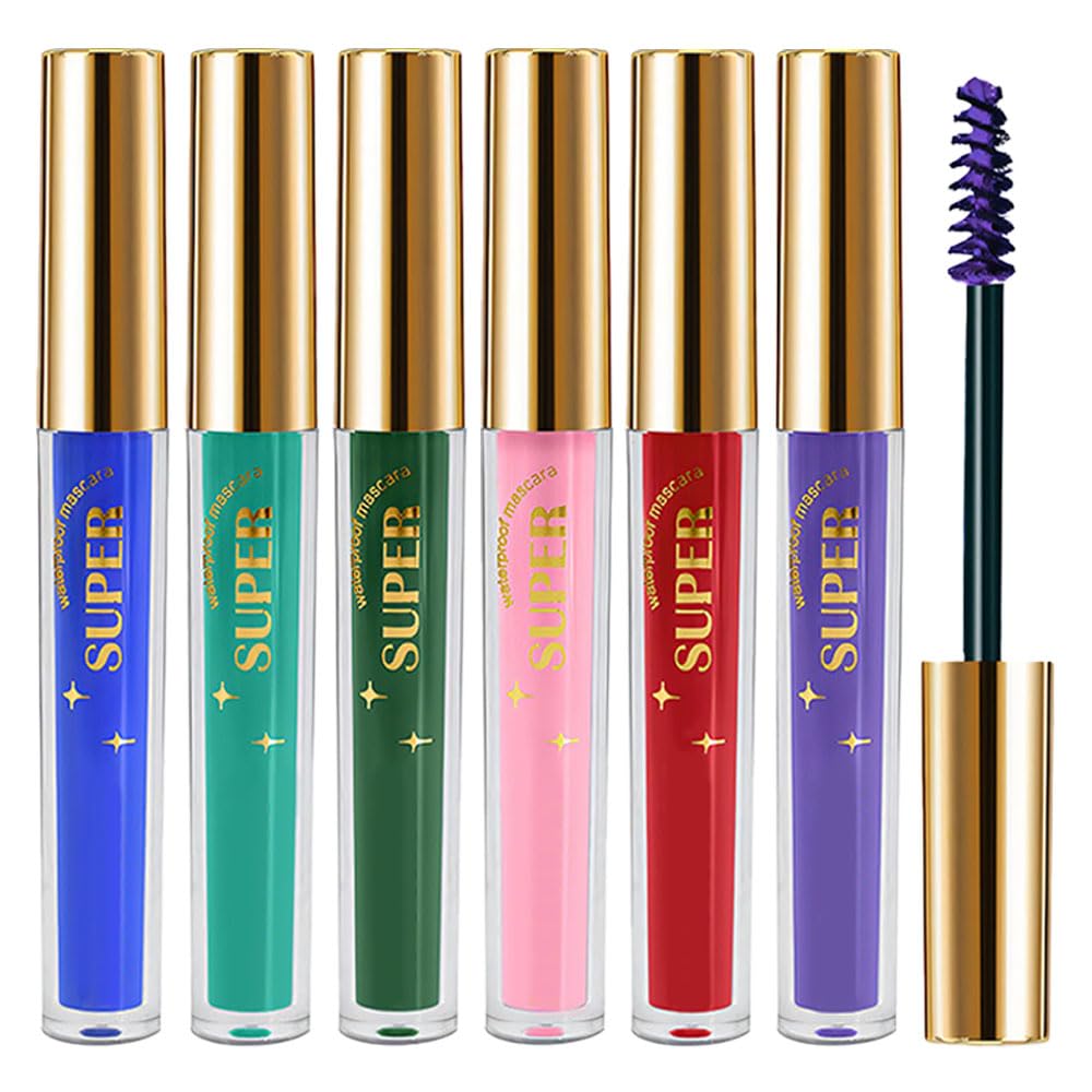 Waterproof 6PCS Colorful Voluminous Mascara Set – Lengthening, Defining, Curling, Multiplying Formula (Cruelty-Free)-Blue Purple Pink Green Red Teal Colored Mascara Eyelash Makeup Pack, Festival Gift