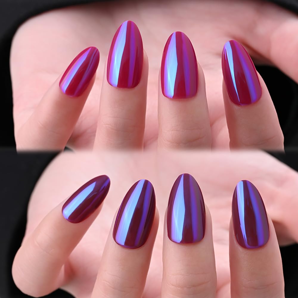 Cat Eye Press on Nails Short Almond - Dark Purple Chameleon Shimmer Glossy Press on Nails for Gift, Soft Gel Press Glue On Nail with Nail Glue, Supremely Fit Full Cover Reusable Acrylic Fake Nails Kit