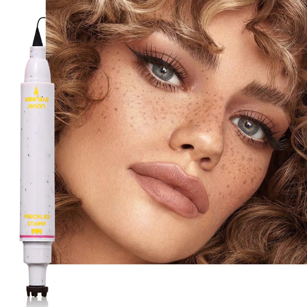 2in1 Freckle Stamp Eyeliners Makeup, Women Face and Eye Cosmetics, Quick Dry Long-Lasting Waterproof Light Brown Freckles Stamp & Black Eyeliners Pen, Effortless Daily Natural Sunkissed Make Up
