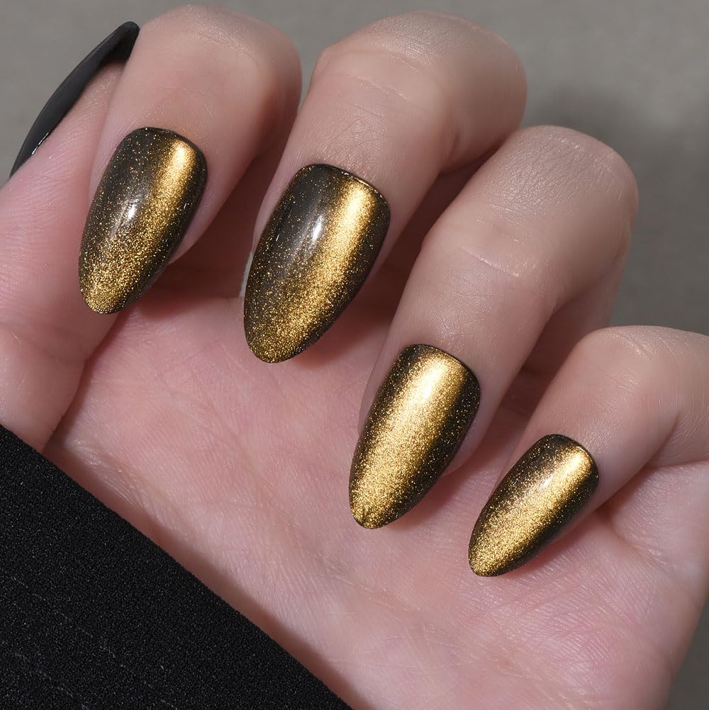 Cat Eye Press on Nails Short Almond - Dark Purple Chameleon Shimmer Glossy Press on Nails for Gift, Soft Gel Press Glue On Nail with Nail Glue, Supremely Fit Full Cover Reusable Acrylic Fake Nails Kit