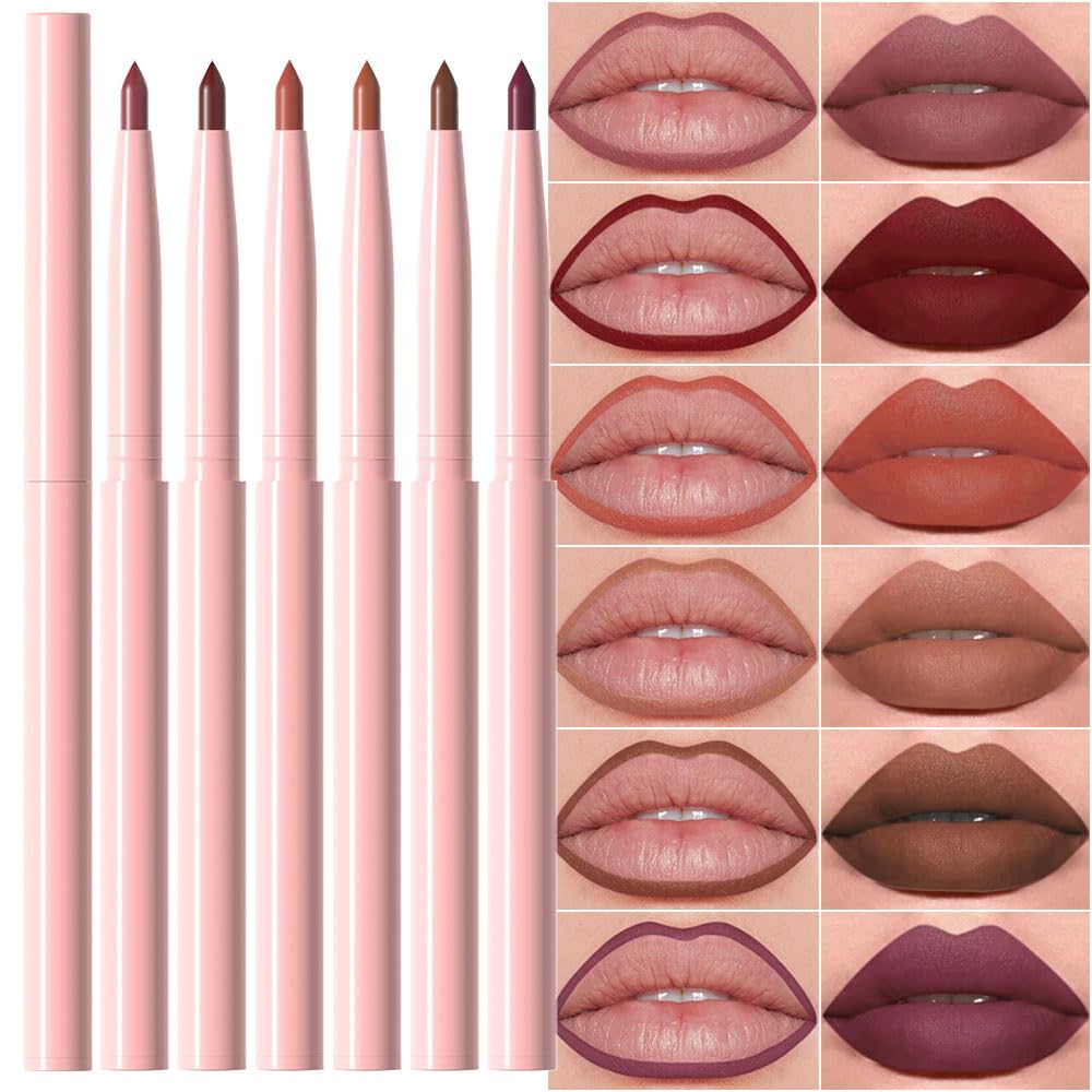 evpct 6Pcs Retractable Lip Liner Pencils Set Pack for Shaping & Sculpting Lips, Mauve Maroon Dark Red Orange Nude Chocolate Brown Plum Creamy Matte Velvet Pigmented Lip Liner lipliners Crayon Lipstick