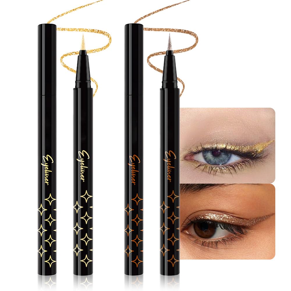 Bronze Brown Metallic Glitter Liquid Eyeliner Waterproof Pen – Long-Lasting Sparkly Waterproof Eyeliner for Women & Men – Tattoo-Effect Eye Makeup for Parties – Delineador Líquido con Brillo 03