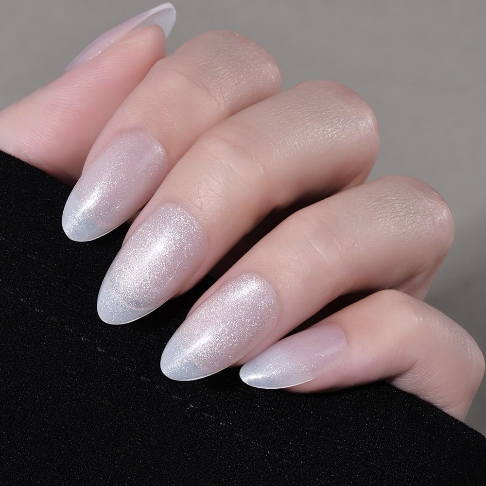 Cat Eye Press on Nails Short Almond - Dark Purple Chameleon Shimmer Glossy Press on Nails for Gift, Soft Gel Press Glue On Nail with Nail Glue, Supremely Fit Full Cover Reusable Acrylic Fake Nails Kit