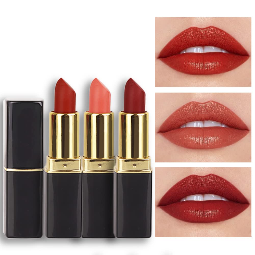 evpct 3Pcs Dark Deep Orange Brown Coffee Nude Matte Lipstick Sets for Women 24 Hour Matt Matte Lipstick Long Lasting Waterproof and Smudge Proof Fall Color Lipstick Shades Dark Brown Lip Liner Set 02