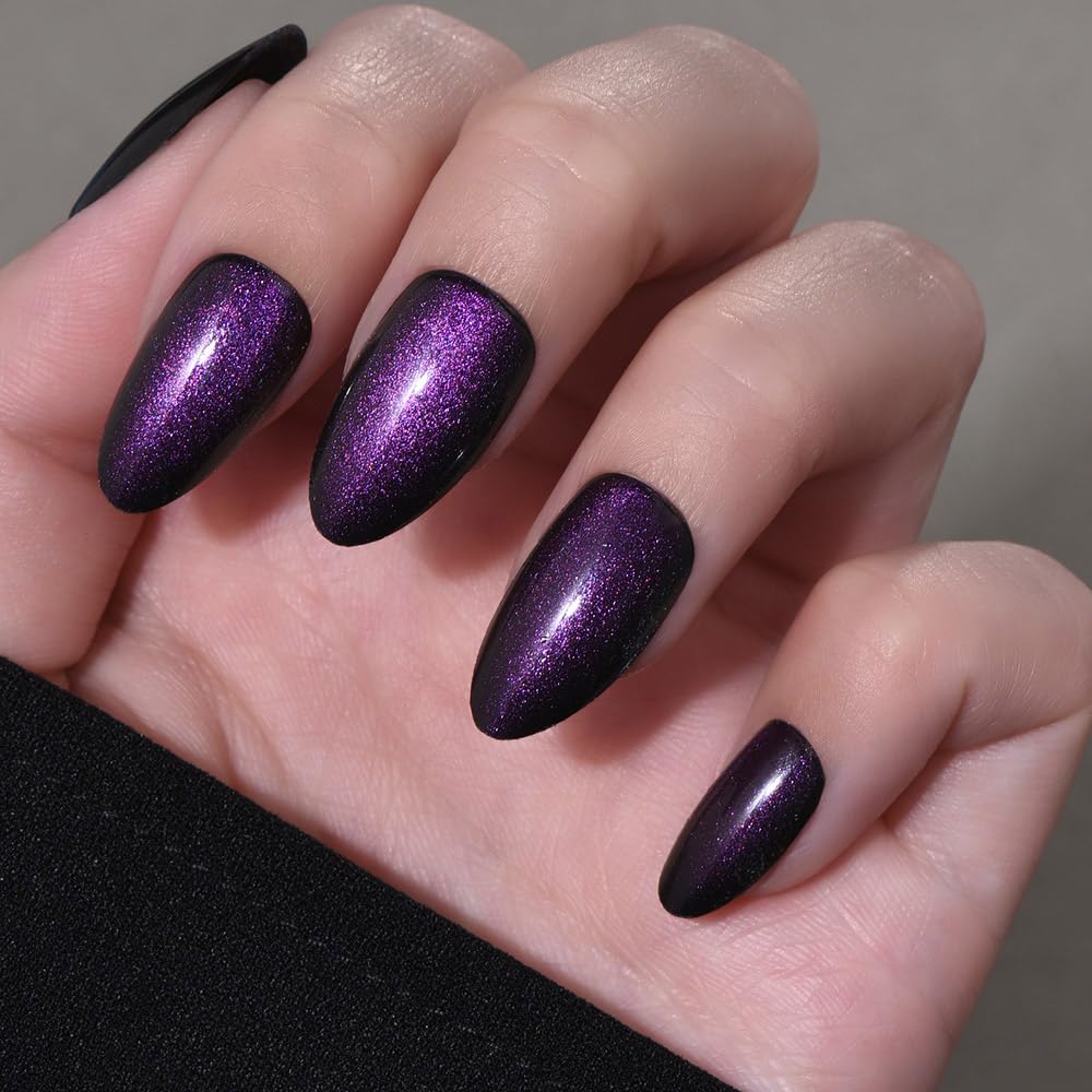 Cat Eye Press on Nails Short Almond - Dark Purple Chameleon Shimmer Glossy Press on Nails for Gift, Soft Gel Press Glue On Nail with Nail Glue, Supremely Fit Full Cover Reusable Acrylic Fake Nails Kit