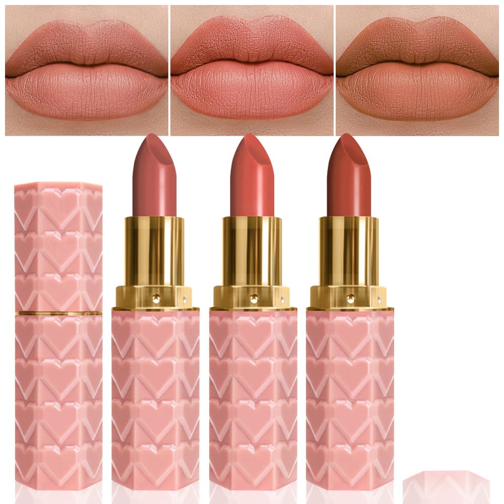 evpct 3Pcs Dark Deep Orange Brown Coffee Nude Matte Lipstick Sets for Women 24 Hour Matt Matte Lipstick Long Lasting Waterproof and Smudge Proof Fall Color Lipstick Shades Dark Brown Lip Liner Set 02