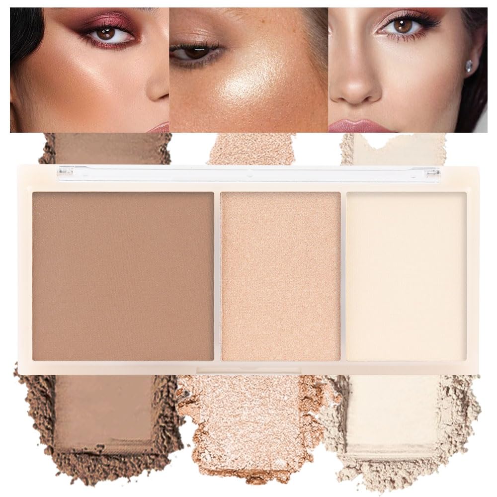 3 IN 1 Brown Nude Face Highlight Bronzer Powder Palette for Face Cheeks Contour Brightening, Buildable Matte Coverage Natural Makeup,Ultra Sculpt Nose Shadow Eyeshadow Primer