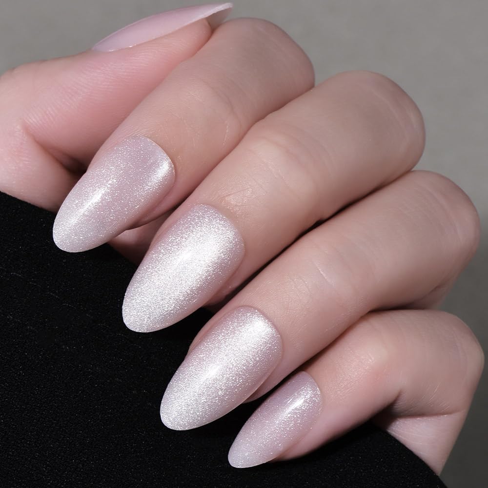 Cat Eye Press on Nails Short Almond - Dark Purple Chameleon Shimmer Glossy Press on Nails for Gift, Soft Gel Press Glue On Nail with Nail Glue, Supremely Fit Full Cover Reusable Acrylic Fake Nails Kit