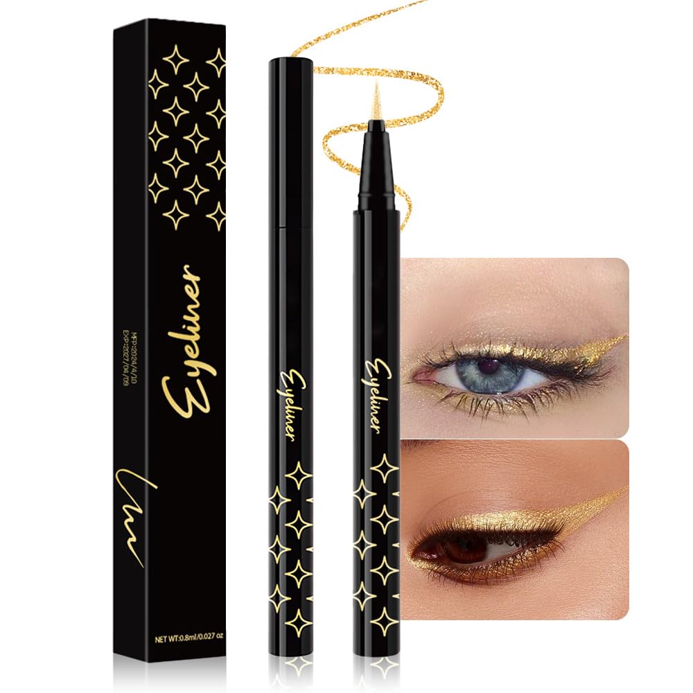 Bronze Brown Metallic Glitter Liquid Eyeliner Waterproof Pen – Long-Lasting Sparkly Waterproof Eyeliner for Women & Men – Tattoo-Effect Eye Makeup for Parties – Delineador Líquido con Brillo 03