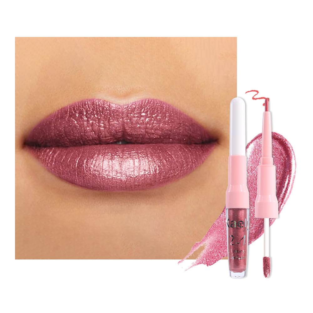 Kaely 2in1 Mauve Metallic Lipstick and Lip Liner, Shimmer Glitter Lip Gloss Long Lasting Waterproof 24 Hours, Pearlescent Sparkly Liquid Lipsticks Stain Makeup for Women, Vegan Formula