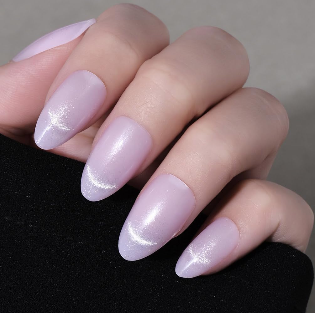 Cat Eye Press on Nails Short Almond - Dark Purple Chameleon Shimmer Glossy Press on Nails for Gift, Soft Gel Press Glue On Nail with Nail Glue, Supremely Fit Full Cover Reusable Acrylic Fake Nails Kit