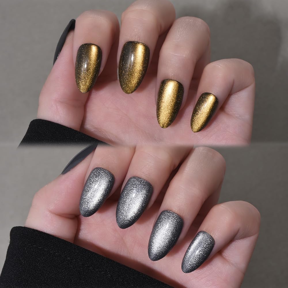 Cat Eye Press on Nails Short Almond - Dark Purple Chameleon Shimmer Glossy Press on Nails for Gift, Soft Gel Press Glue On Nail with Nail Glue, Supremely Fit Full Cover Reusable Acrylic Fake Nails Kit