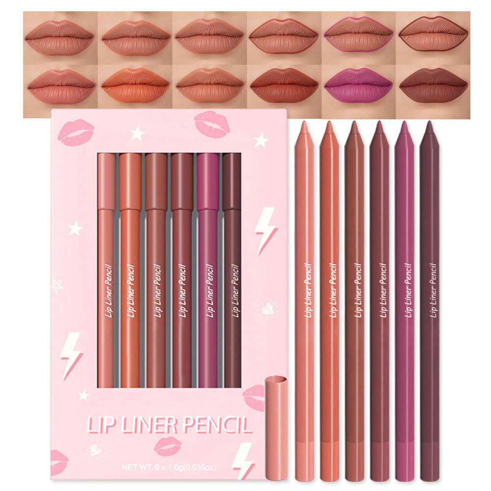 evpct 6Pcs Retractable Lip Liner Pencils Set Pack for Shaping & Sculpting Lips, Mauve Maroon Dark Red Orange Nude Chocolate Brown Plum Creamy Matte Velvet Pigmented Lip Liner lipliners Crayon Lipstick