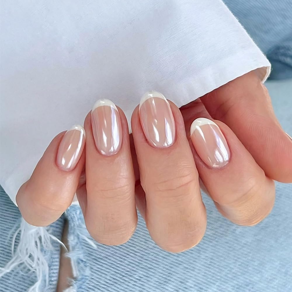evpct Chrome French Tip Press On Fake Nails Short Ovale, Wihte Tip