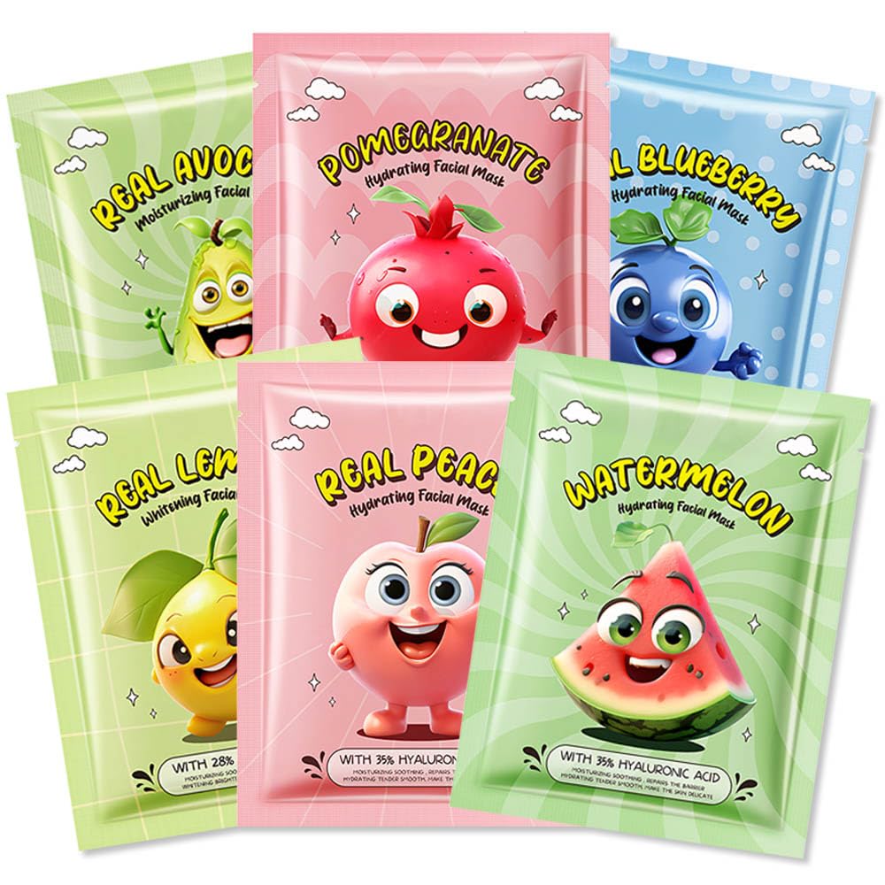 Kaely 10 Pack Fruit Face Masks for Kids, Spa Party Facial Mask Skincare Set, Sheet Masks Skin Care, Moisturize Brighten Soothe for All Skin Types, Christmas Birthday Gifts for Women Men Girls, 01