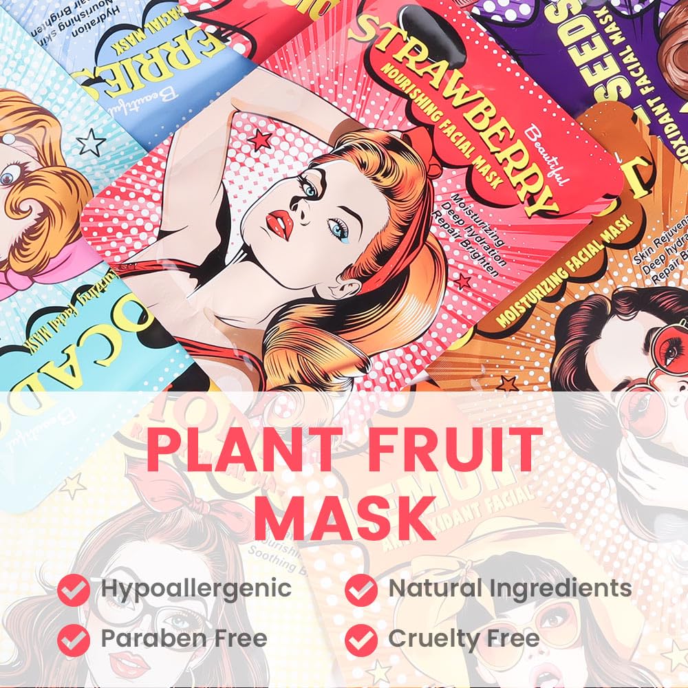 Girl Character Sheet Masks, Spa Party Facial Mask Skincare Set, Sheet Masks Skin Care, Moisturize Brighten Soothe for All Skin Types, Christmas Birthday Gifts for Women Men Girls