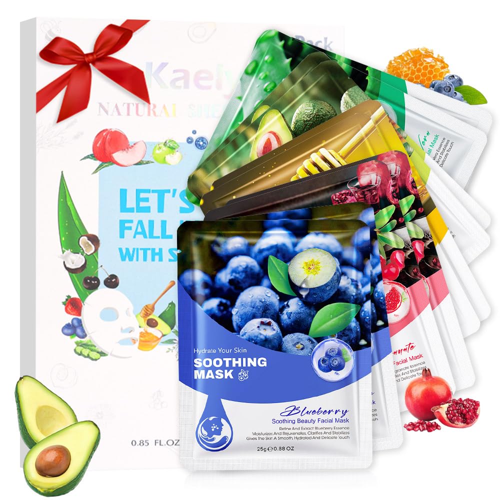 Kaely 10 Pack Variety Sheet Masks, Spa Party Face Masks for Kids Skincare Set, Facial Masks Beauty with Natural Ingredients, Moisturize Soothe for All Skin Types, Birthday Christmas Gifts, Set01