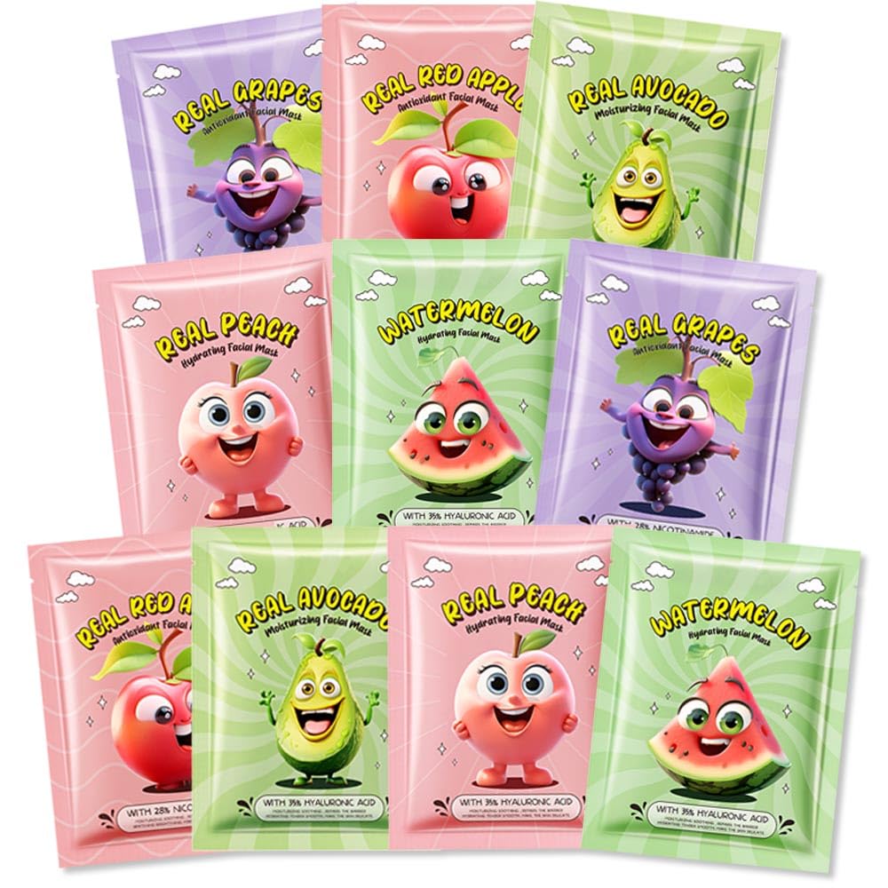Kaely 10 Pack Fruit Face Masks for Kids, Spa Party Facial Mask Skincare Set, Sheet Masks Skin Care, Moisturize Brighten Soothe for All Skin Types, Christmas Birthday Gifts for Women Men Girls, 01