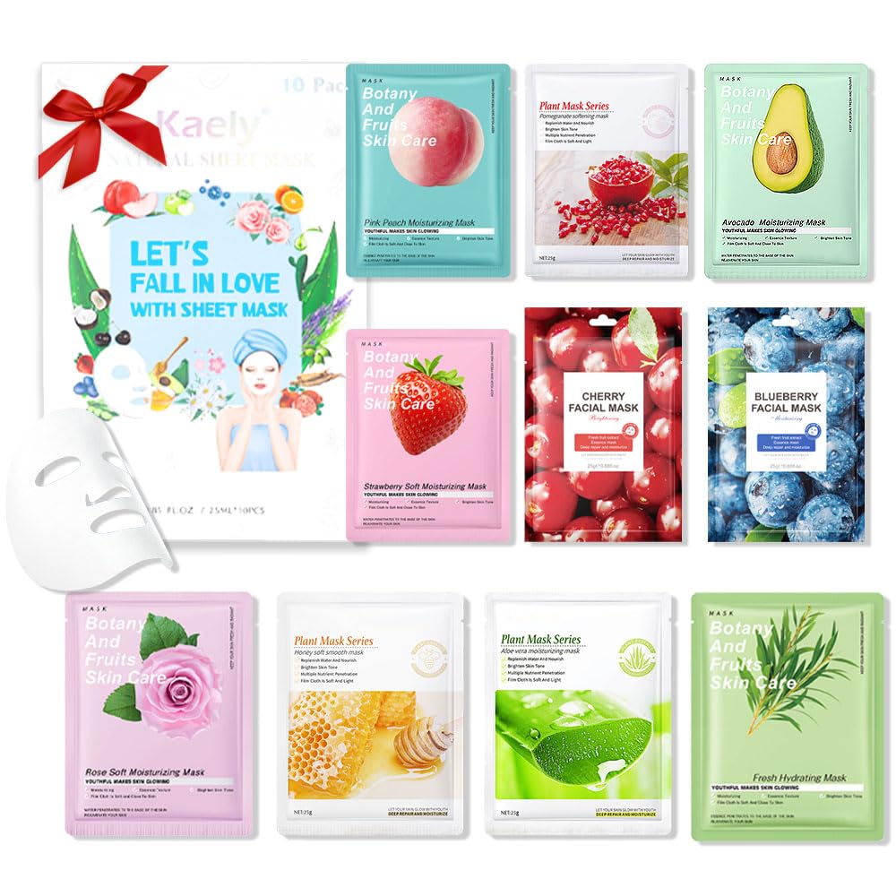 Kaely 10 Pack Variety Sheet Masks,Spa Party Face Masks for Kids Skin Care,Facial Mask Skincare Set Korean,Moisturize,Brighten,Nourish for All Skin Types,Birthday Gifts for Women Men Girls,Set01